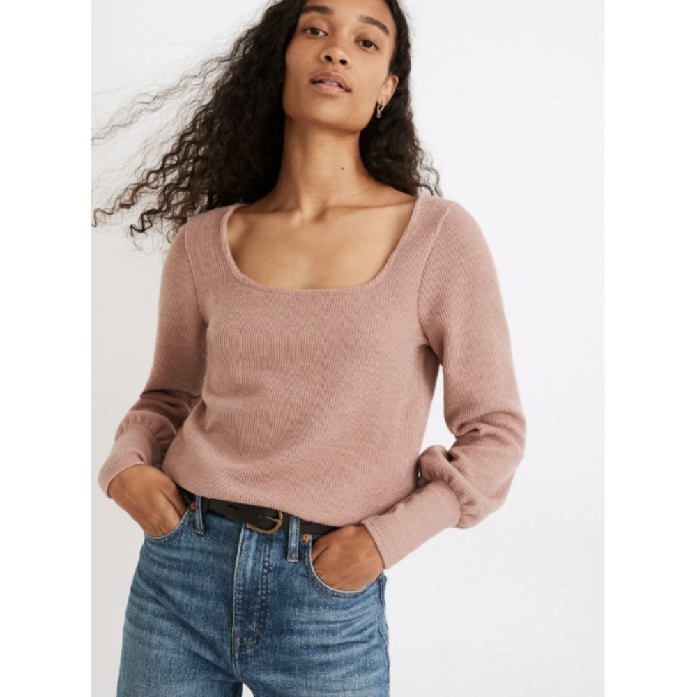 Madewell Ottoman Rib Square-Neck Top Size XS Faded Mauve Long Sleeve Sweater NWT